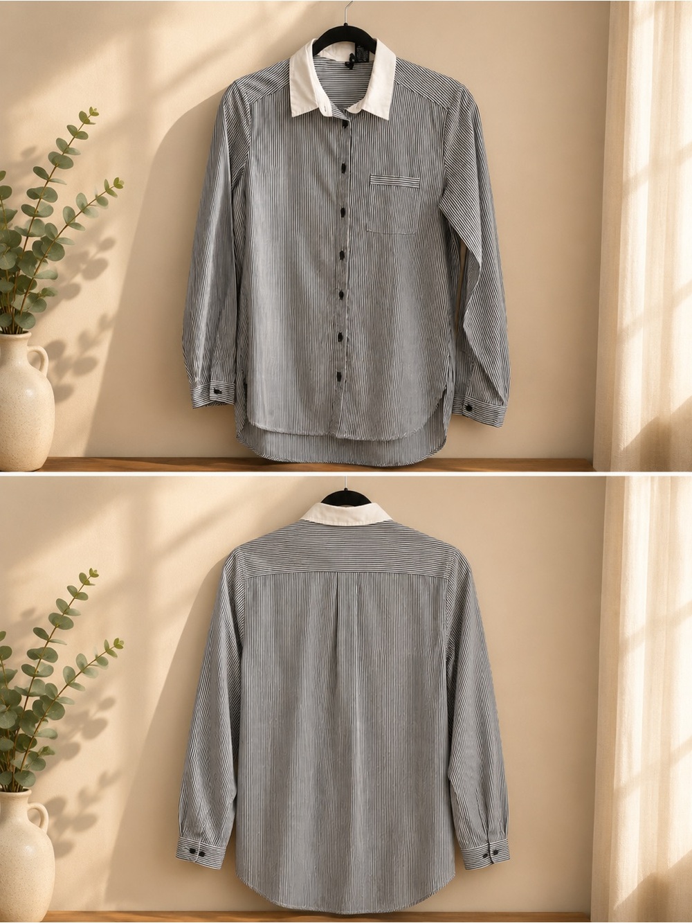 Men's Striped Long-Sleeve Shirt with Contrast Collar - Gray